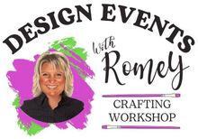 Design Events with Romey logo, smiling portrait, purple paint splash, Crafting Workshop text