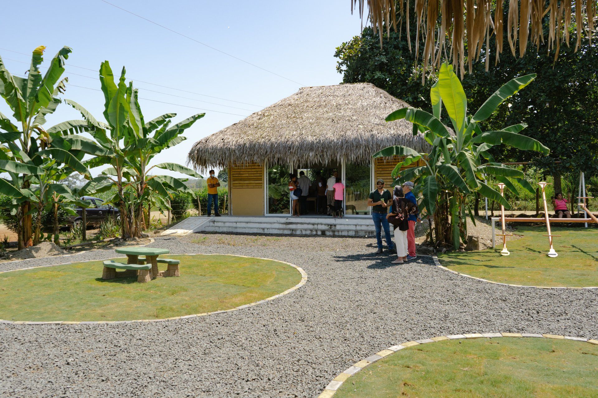 People outside a hut with a thatched roof, green grass, and banana trees in a sunny outdoor setting.