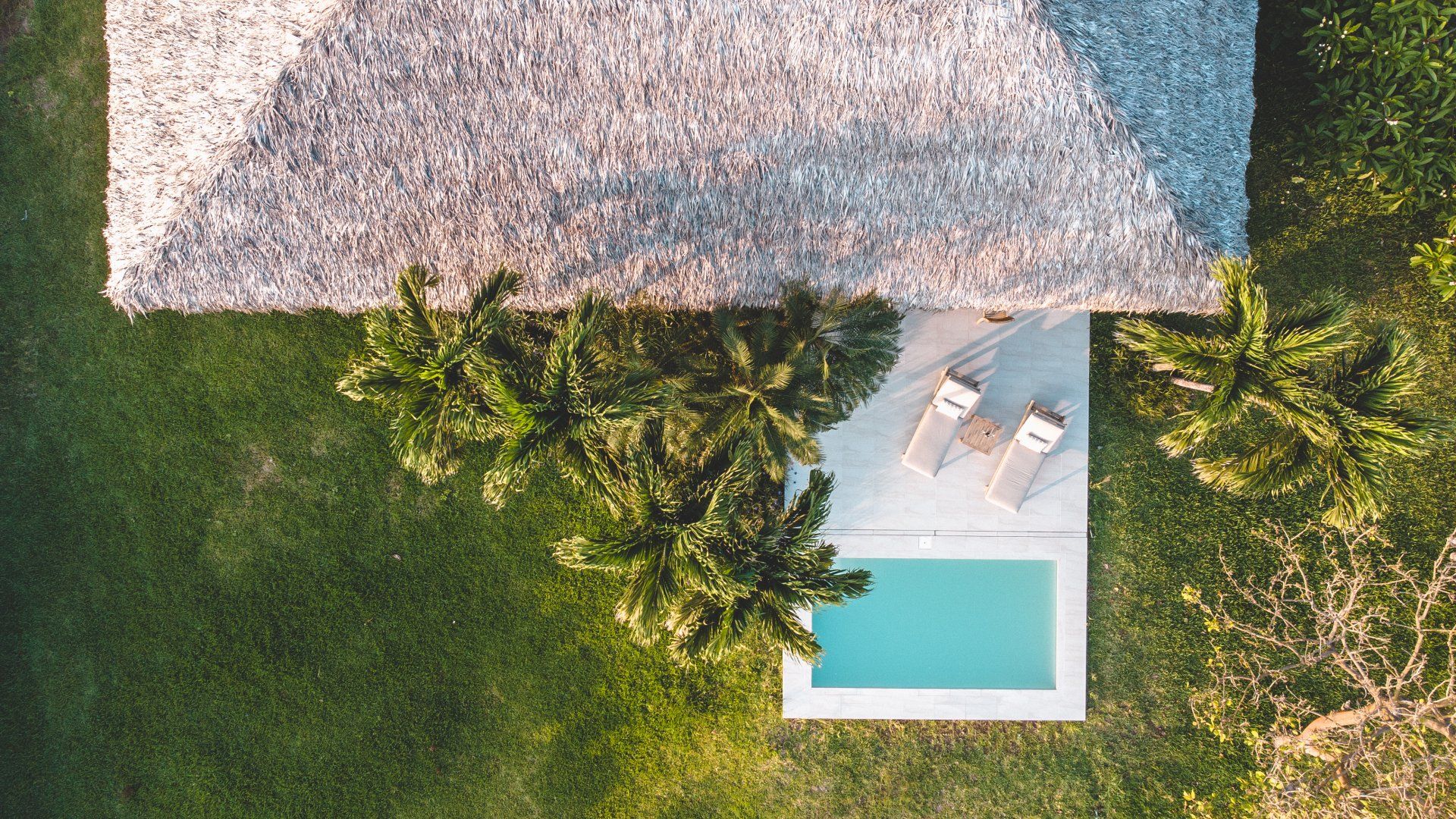 Aerial view of a house with a thatched roof, pool, lounge chairs, and surrounding green lawn.