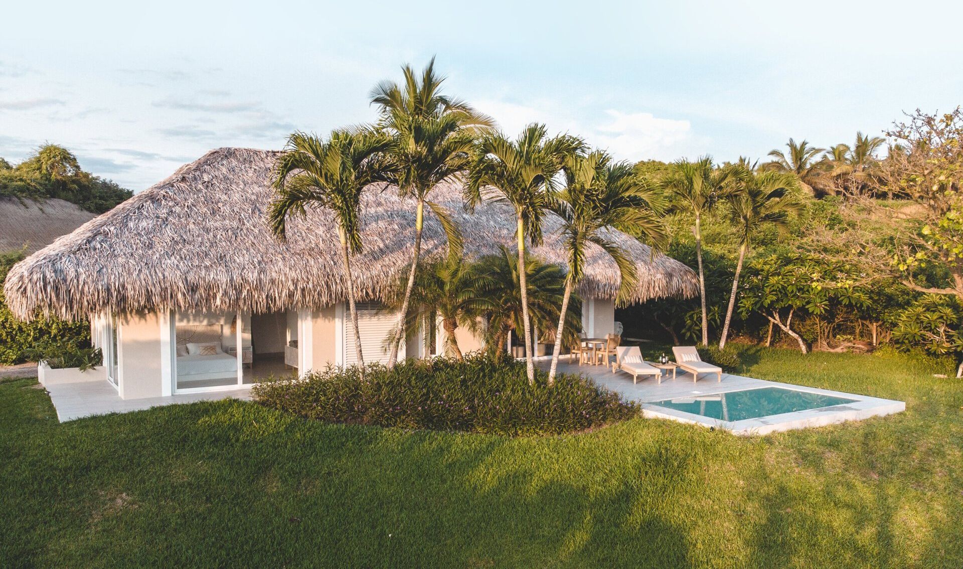 Tropical villa with thatched roof, small pool, palm trees, and ocean view.