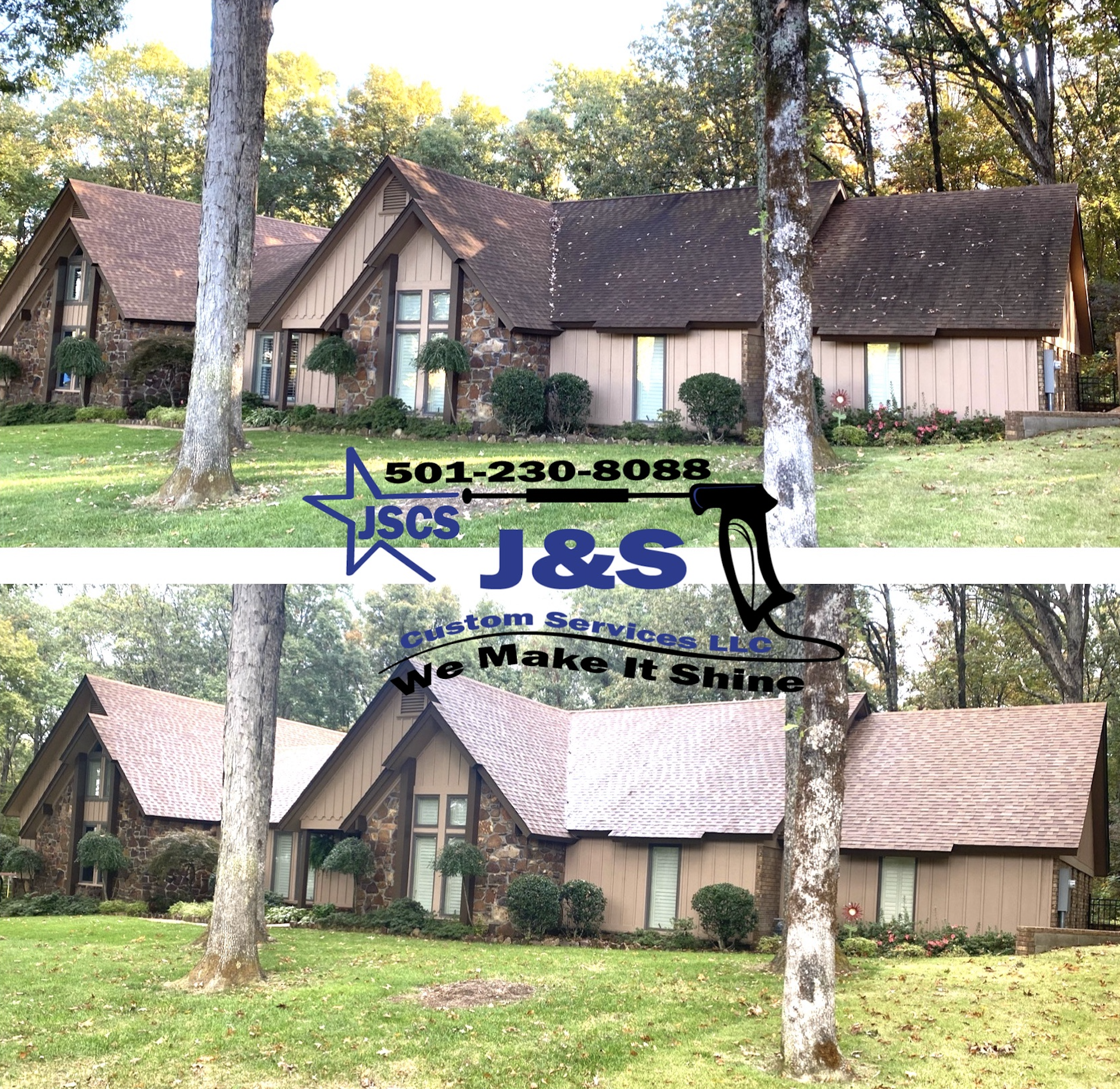 Before/after of roof pressure washing Before/after of roof pressure washing