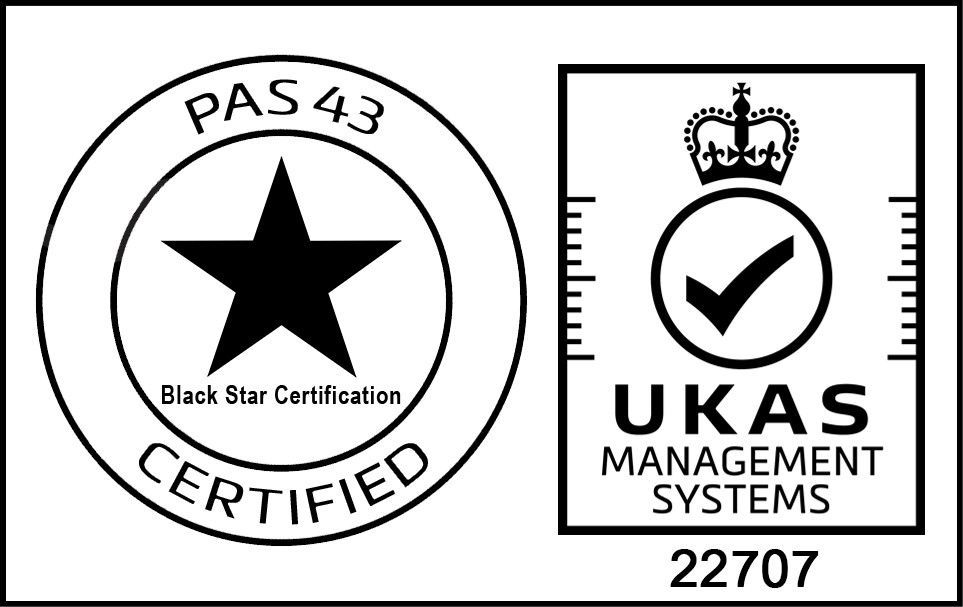 A black and white logo for pas 43 and ukas management systems