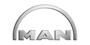 Logo MAN con un arco argentato sopra lettere nere e argentate su sfondo bianco.