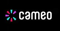 Cameo logo on black background with colorful starburst icon and white wordmark