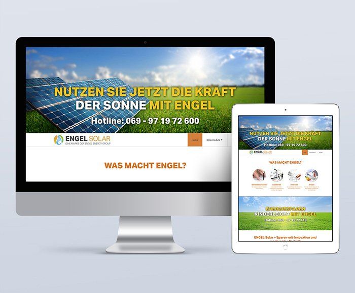 Auf einem Computer und einem Tablet wird die Website eines Solarunternehmens angezeigt.