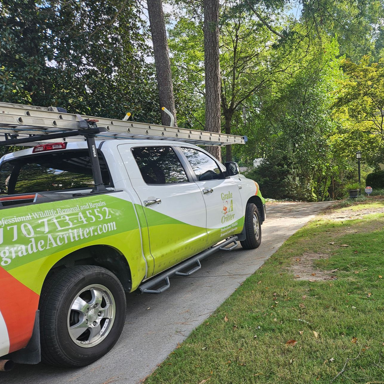 White pickup truck with a ladder rack and green and orange branding, parked on a driveway next to trees and grass.
