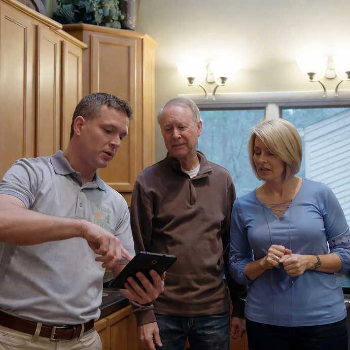 Three people in a kitchen review a tablet together under warm overhead lights.