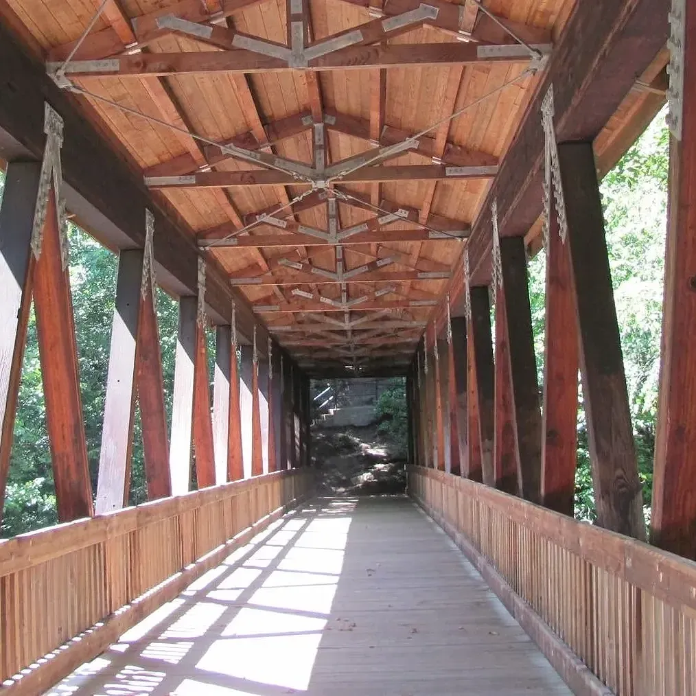 Covered wooden walkway with a peaked roof and sunlit floor, stretching into a forested distance