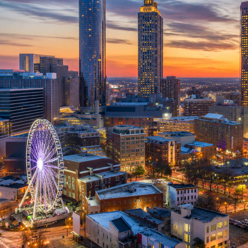 Aerial view of a modern city skyline with high-rise buildings and a busy roadway.