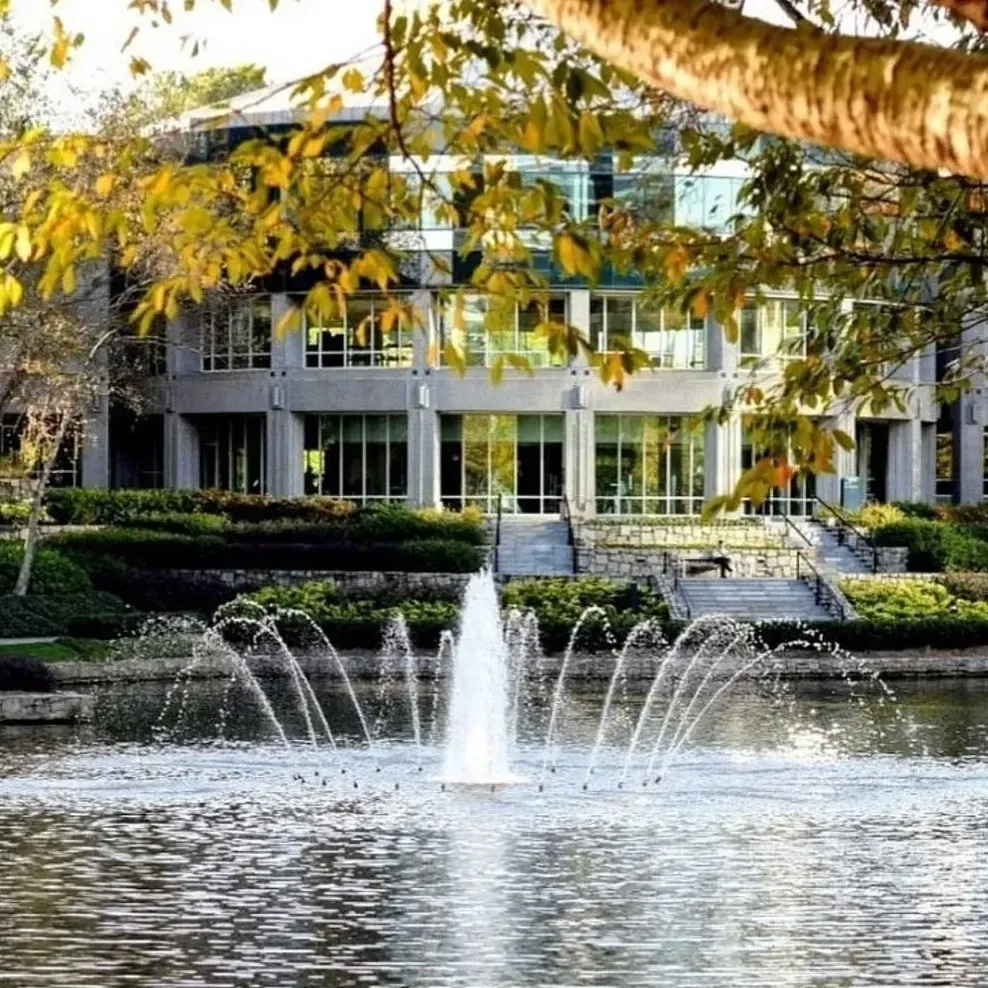 Fountain in a pond before a modern building, framed by autumn trees with yellow leaves.