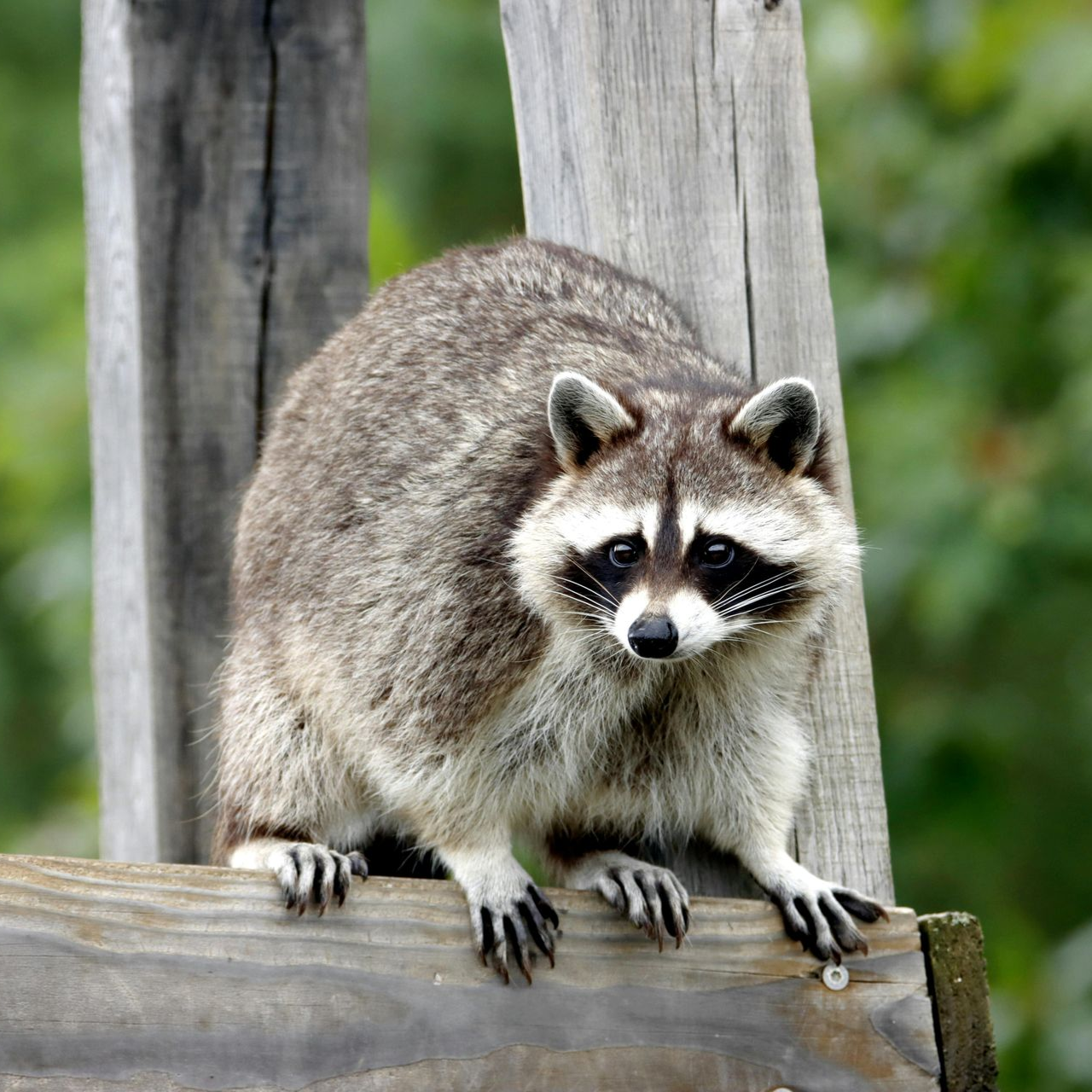 A raccoon with its characteristic black face mask stands on a wooden ledge, looking directly forward.