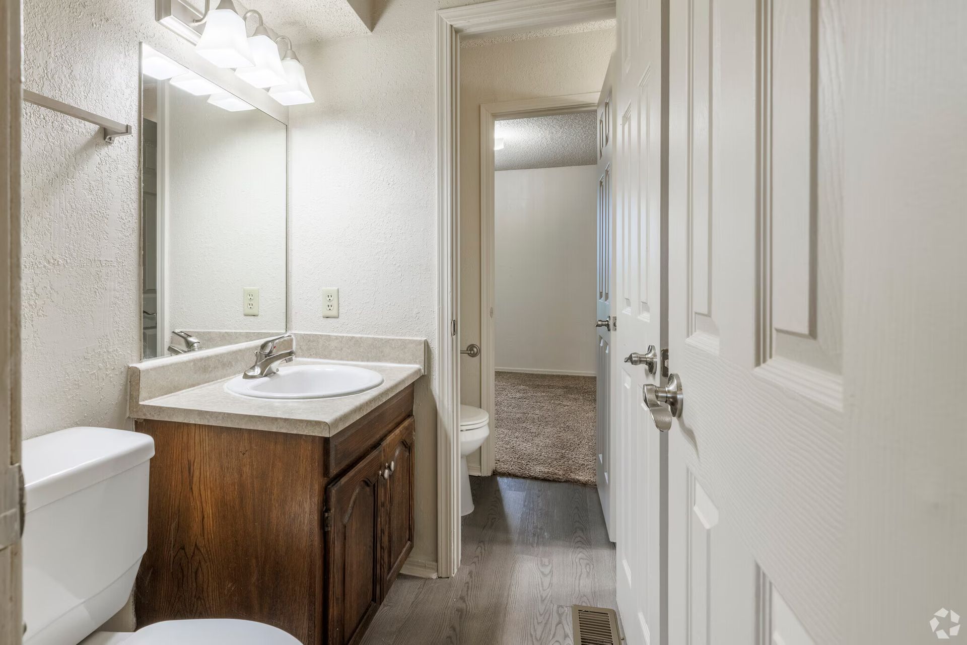 A bathroom features a wood vanity with a white sink, a mirror, and a toilet, leading to a carpeted bedroom beyond.