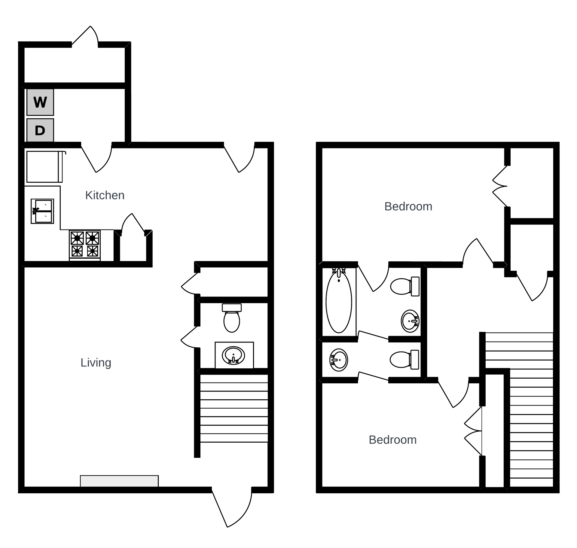 Two-story apartment floor plan showing main living level with kitchen and half-bath, and upper floor with two bedrooms.