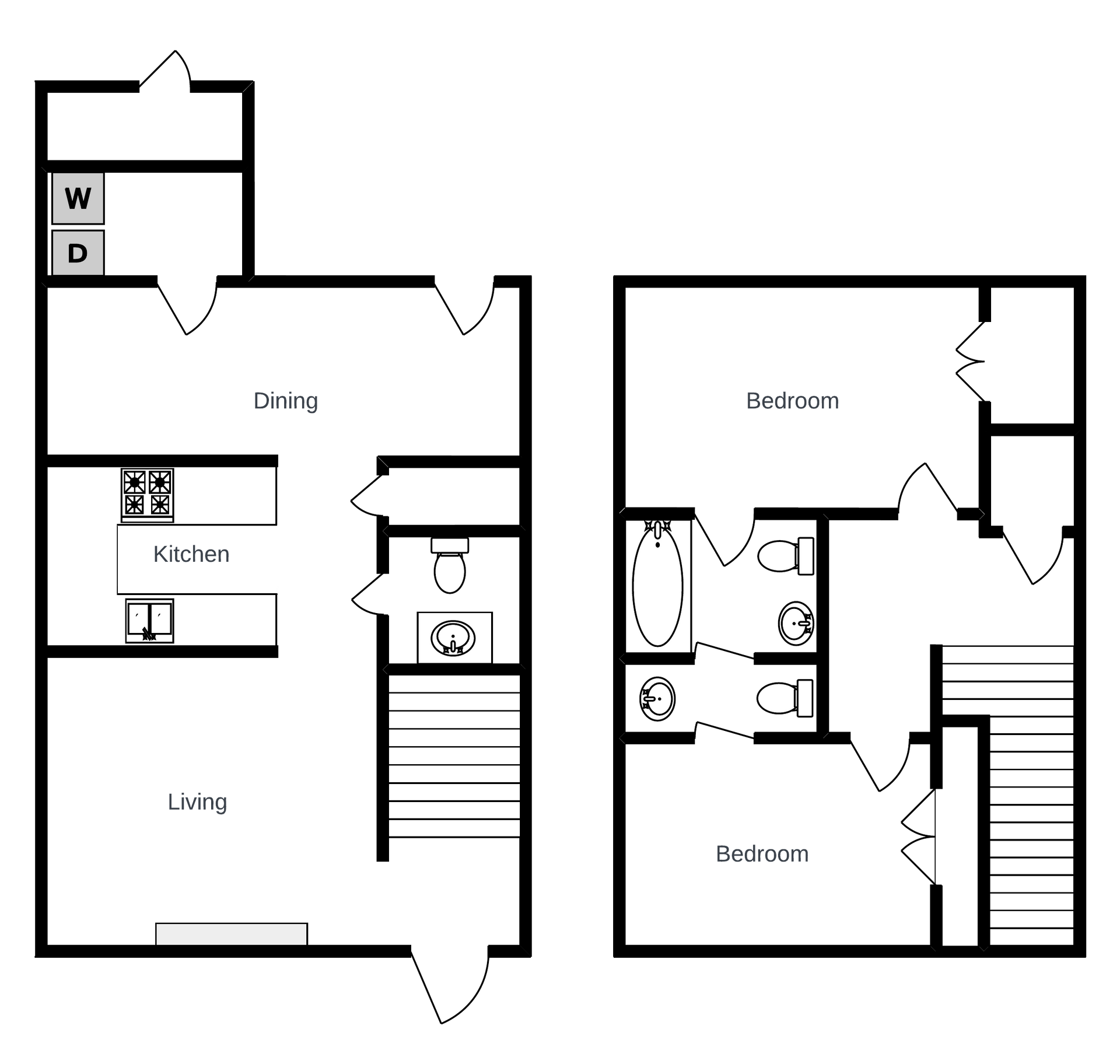 A floor plan showing a two-story apartment with a living area, kitchen, and laundry on the first level and two bedrooms.