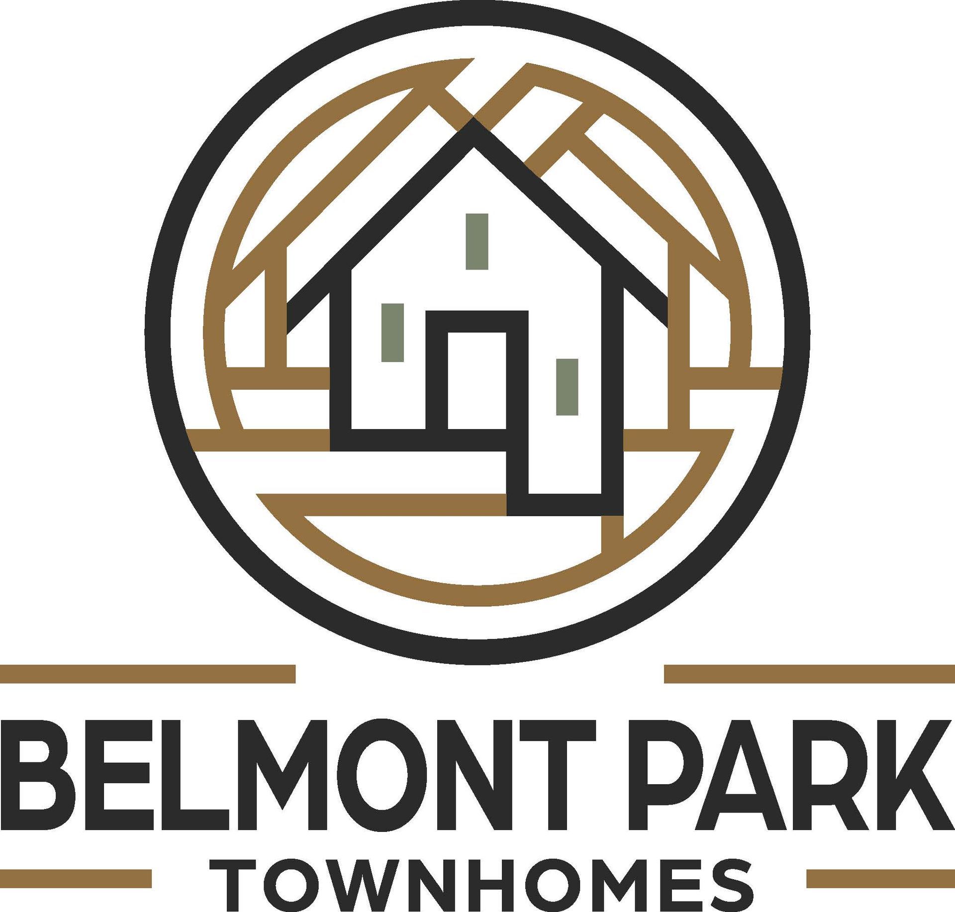 Logo for Belmont Park Townhomes featuring a house outline within a circle with tan and dark grey lines on a white background.