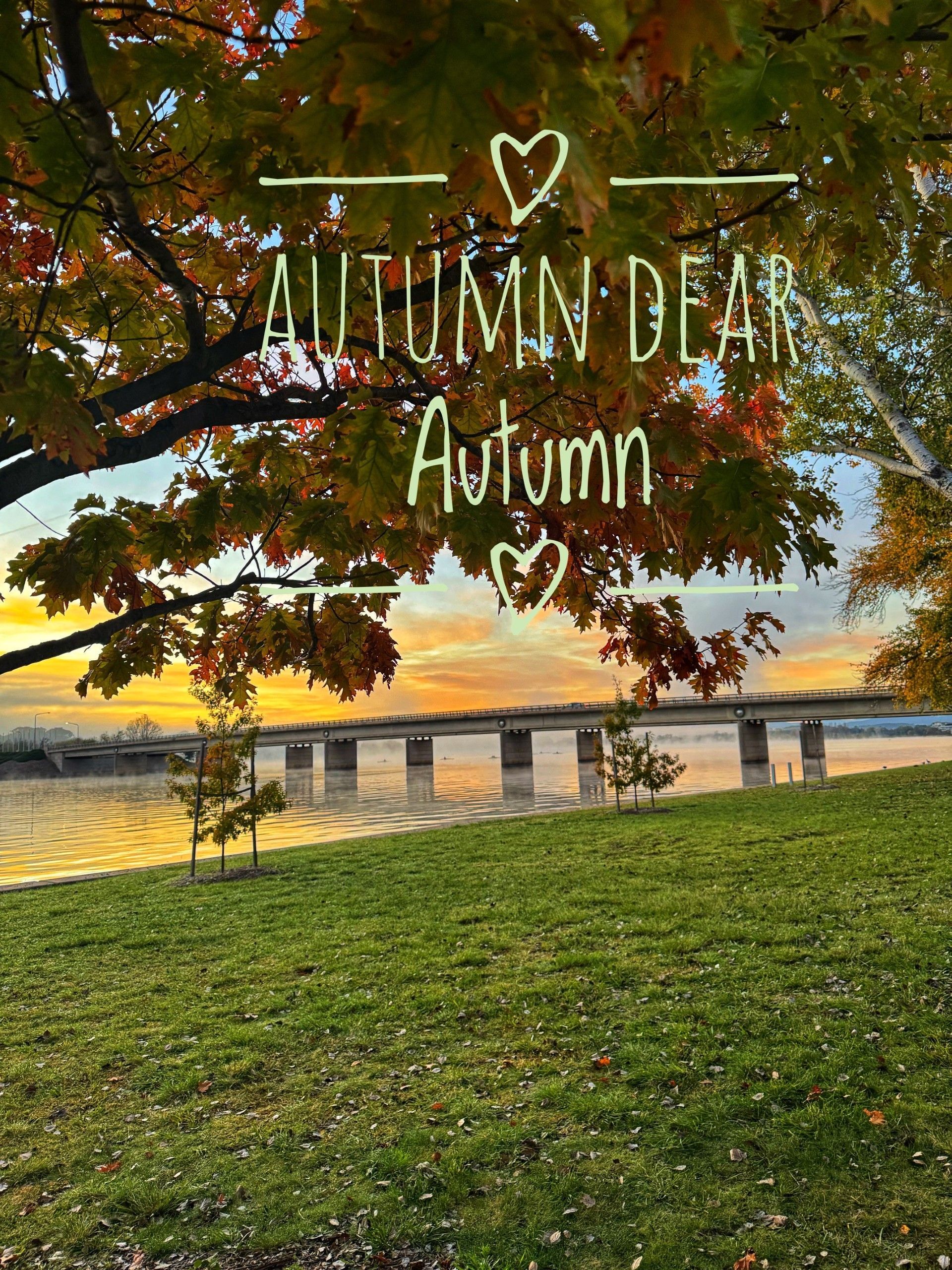 Autumn greeting text over a lakeside sunset with orange leaves, green grass, and a dock.