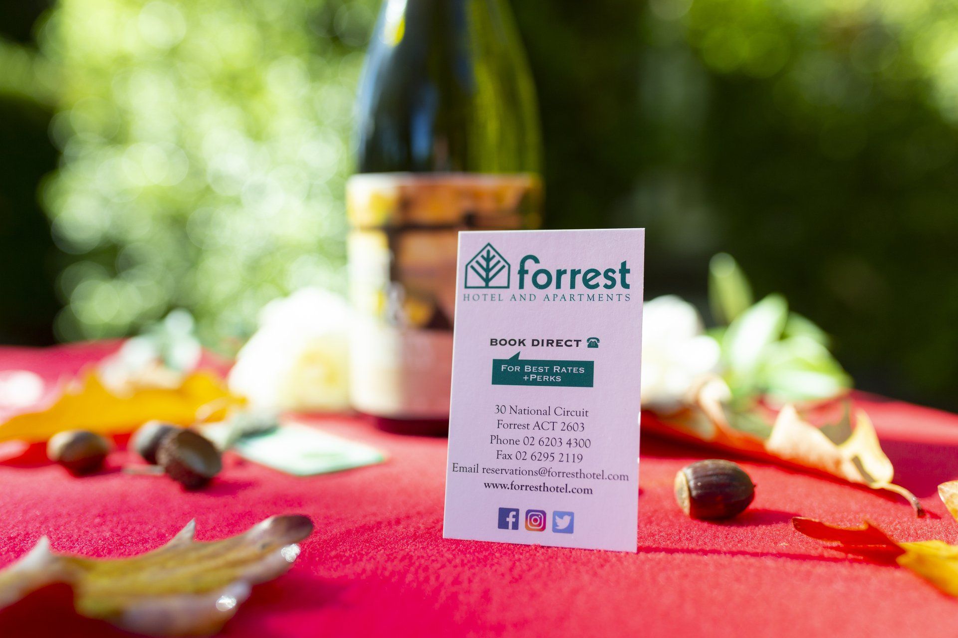 Forrest wine bottle and label on a red picnic cloth with fruit outdoors, softly blurred greenery behind