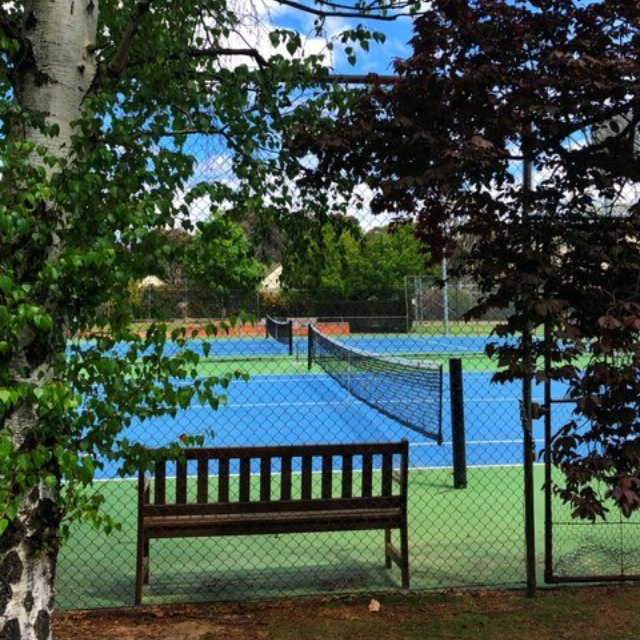 Wooden bench by a tennis court behind a chain-link fence, framed by leafy trees.