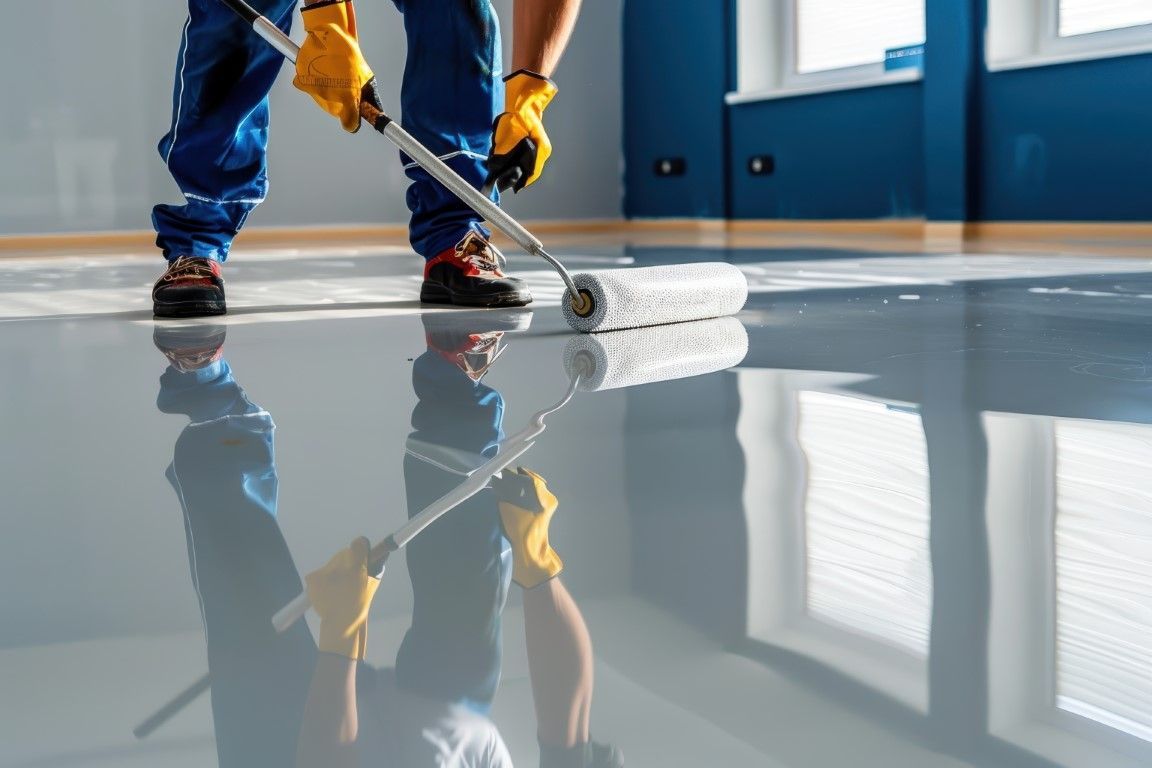 Worker applying glossy floor coating with a roller in a bright room with blue walls