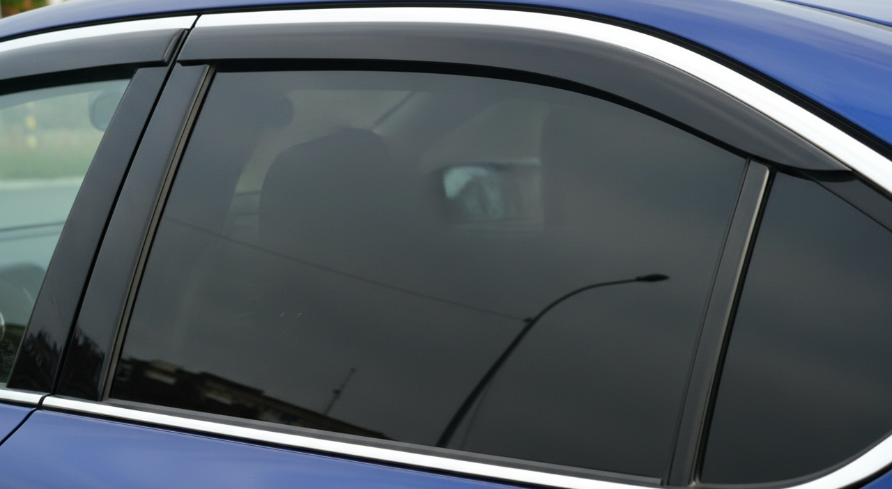 Auto blu con vetri oscurati e alette parasole nere.