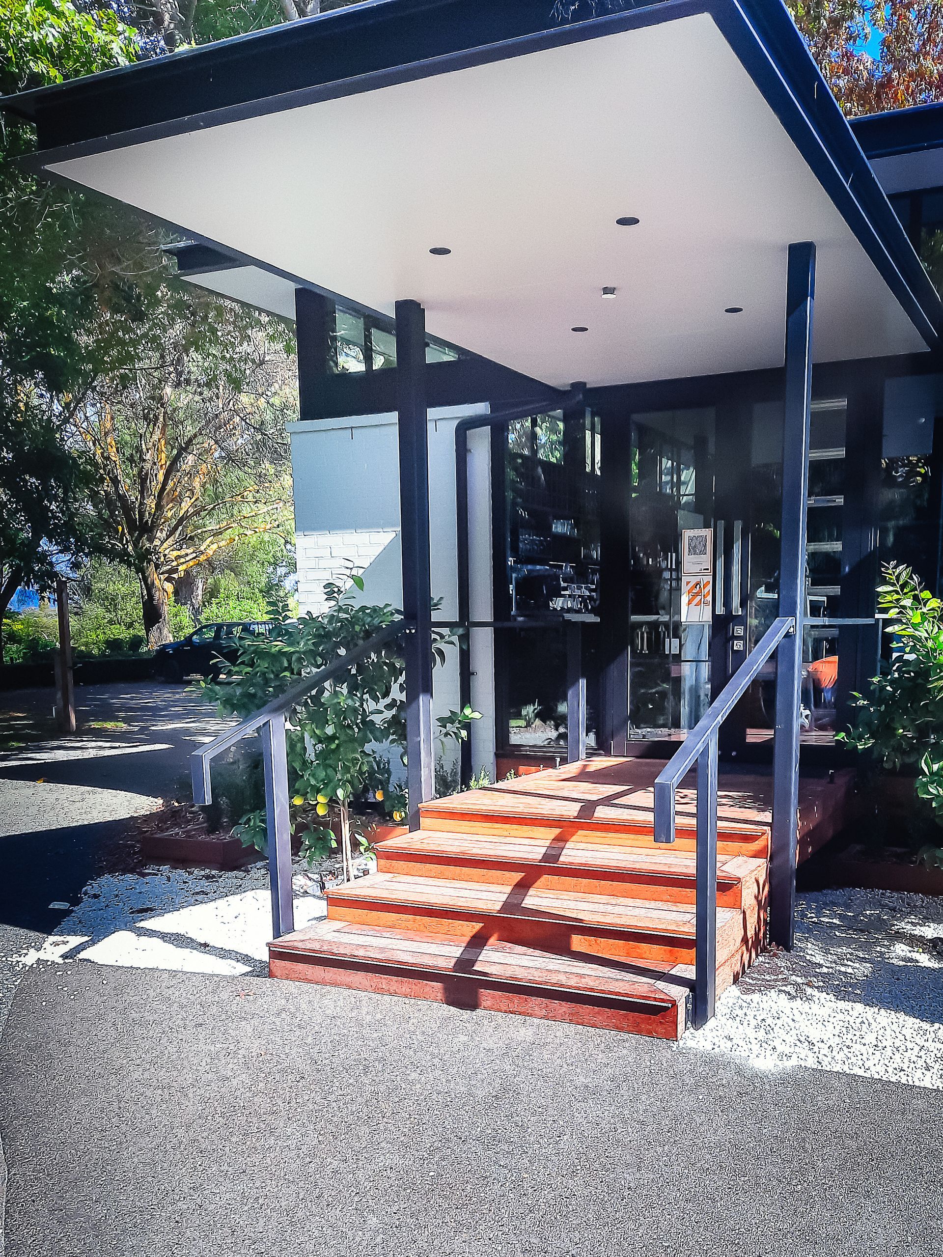 Powder coated mild steel handrails and entrance framing, GME Tradetech Engineering, Marlborough