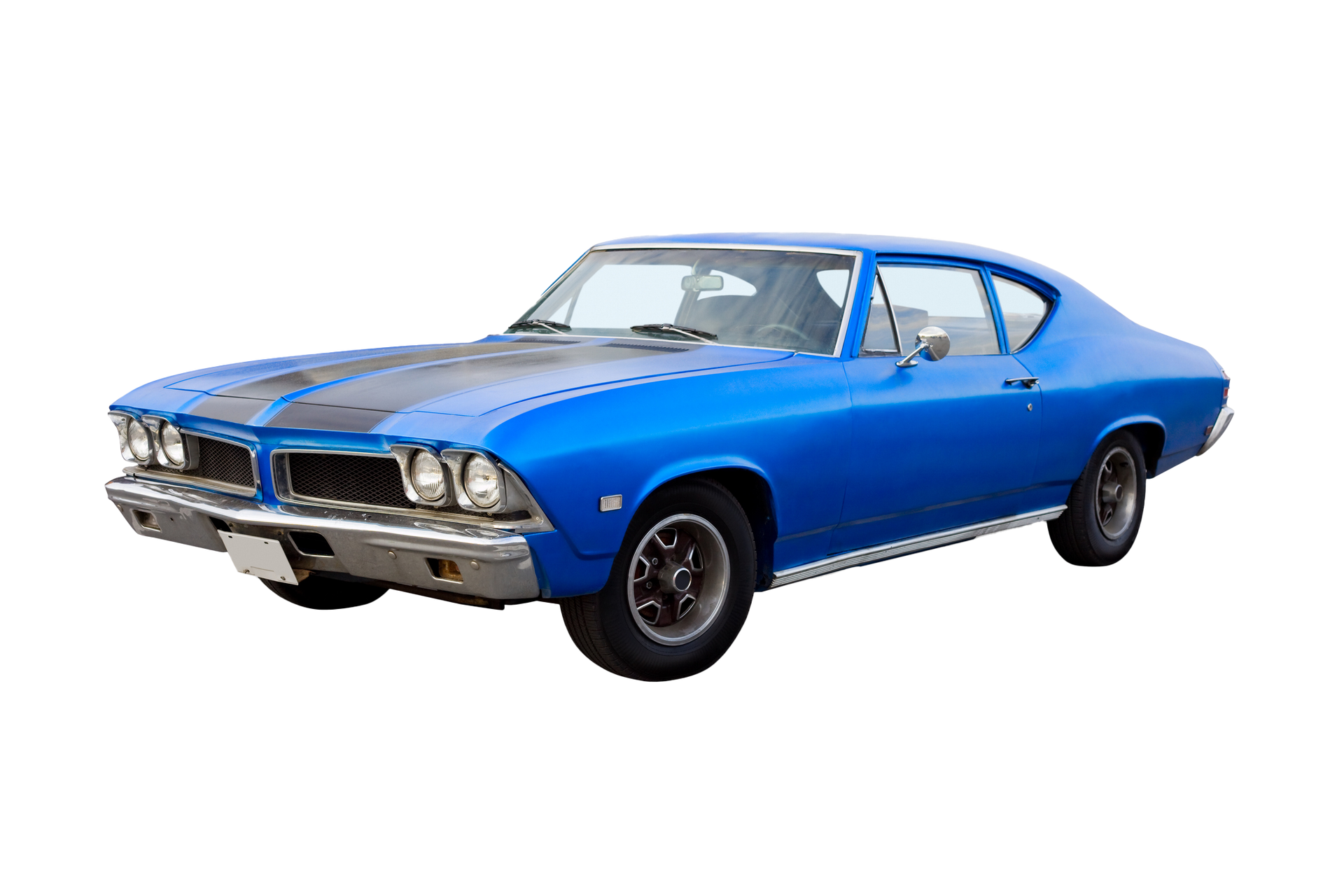 Blue classic muscle car with black racing stripes on the hood. Blue classic muscle car with black racing stripes on the hood.