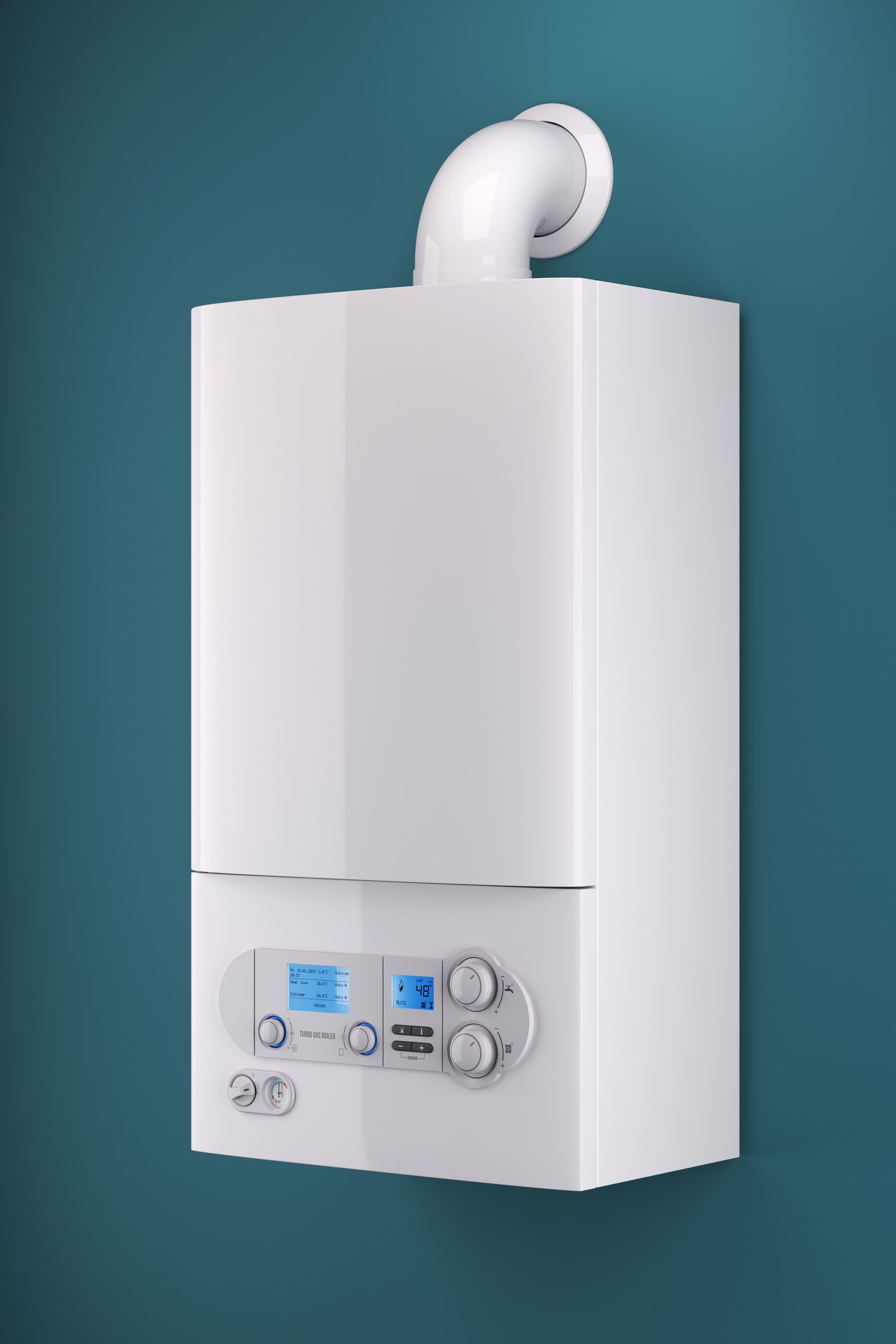 White wall-mounted gas boiler with digital controls and exhaust pipe against a teal wall.