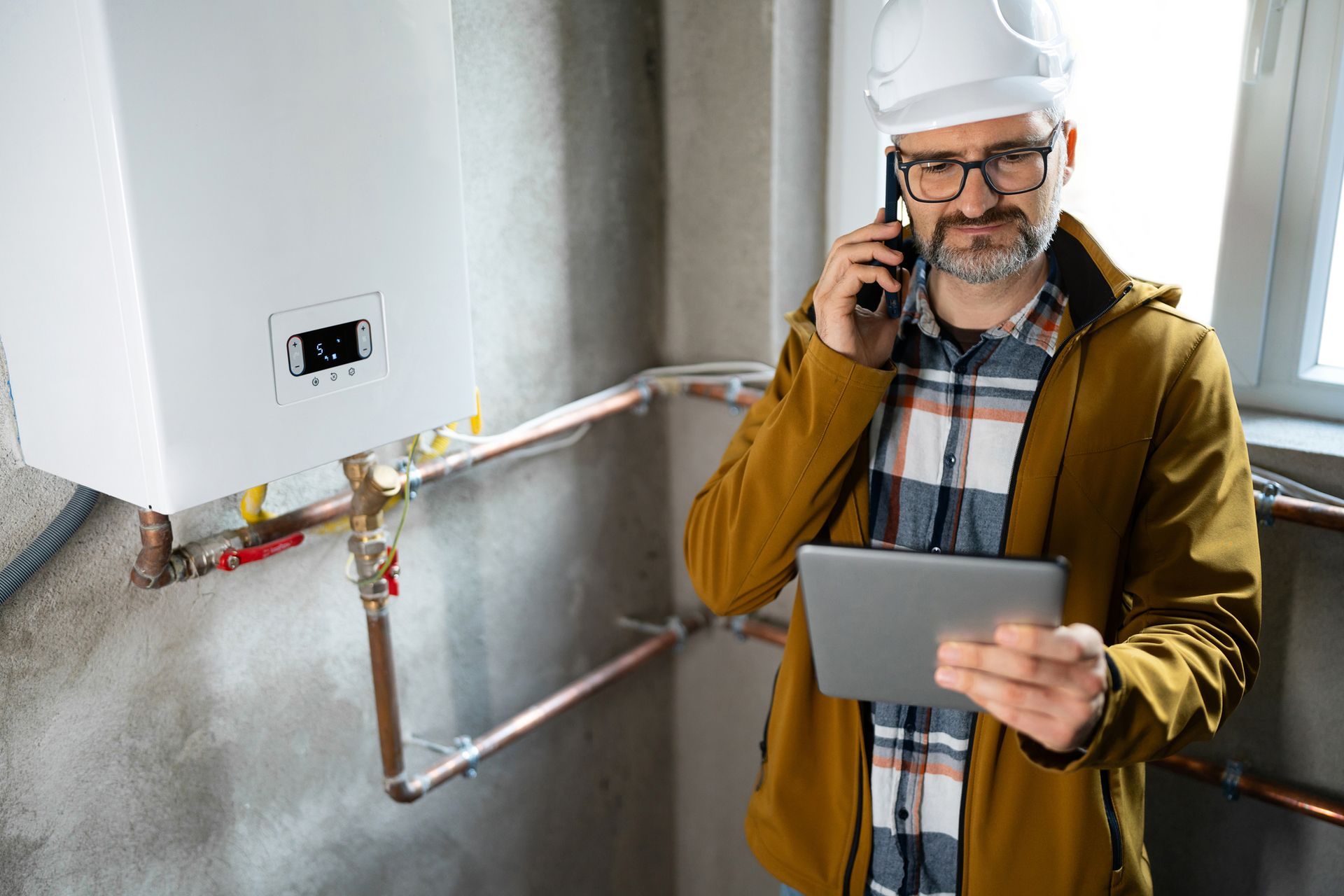 A skilled technician wearing a hard hat inspects a residential water heater, using a tablet.