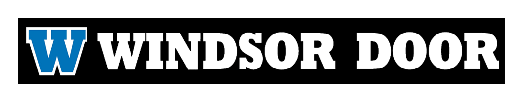 The windsor door logo is blue and white on a black background