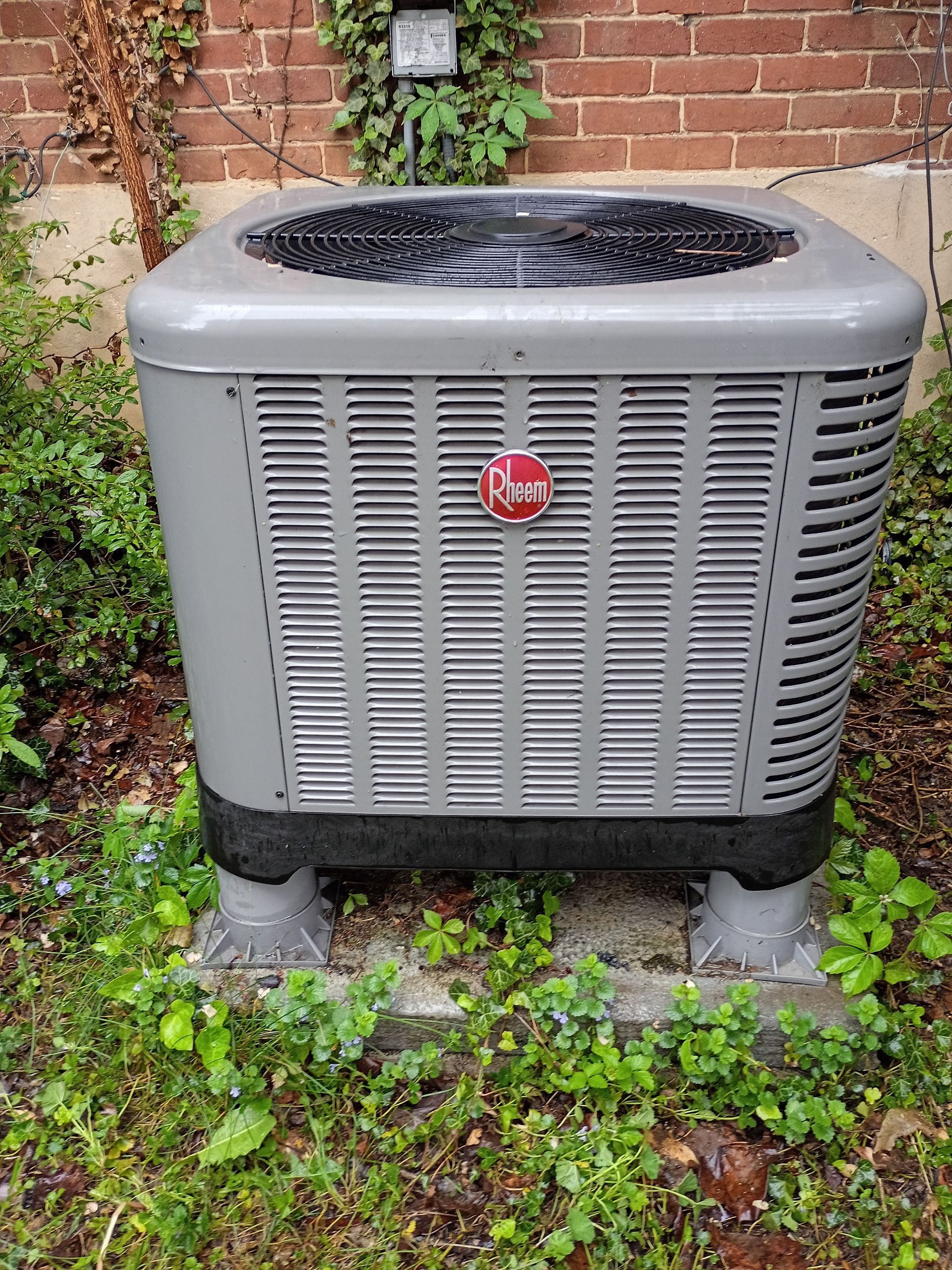 Outdoor gray HVAC condenser unit with red logo, set against a brick wall and overgrown greenery.