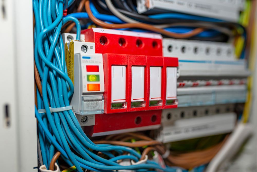 Red electrical breaker panel with blue cables in a wiring cabinet
