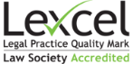 The logo for lexcel legal practice quality mark law society accredited.
