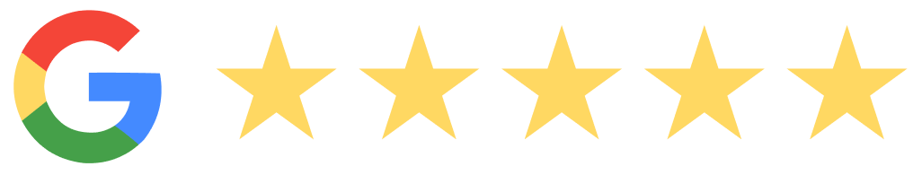 Google logo with five gold stars, indicating a five-star rating.