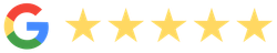 Google logo with five gold stars, indicating a five-star rating.