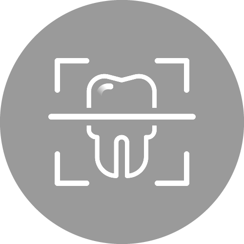 a gray circle with a white icon of a tooth in it