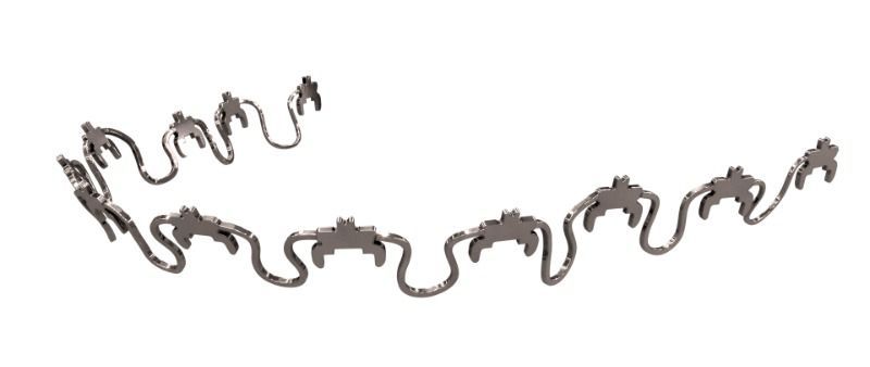 Custom lingual orthodontic bracket chain on a white background.
