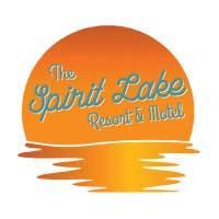 Logo for Spirit Lake Resort & Motel: Orange sun over water with teal text.