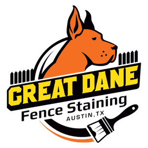 Logo for Great Dane Fence Staining in Austin, TX, featuring a Great Dane dog head, fence, and paintbrush.