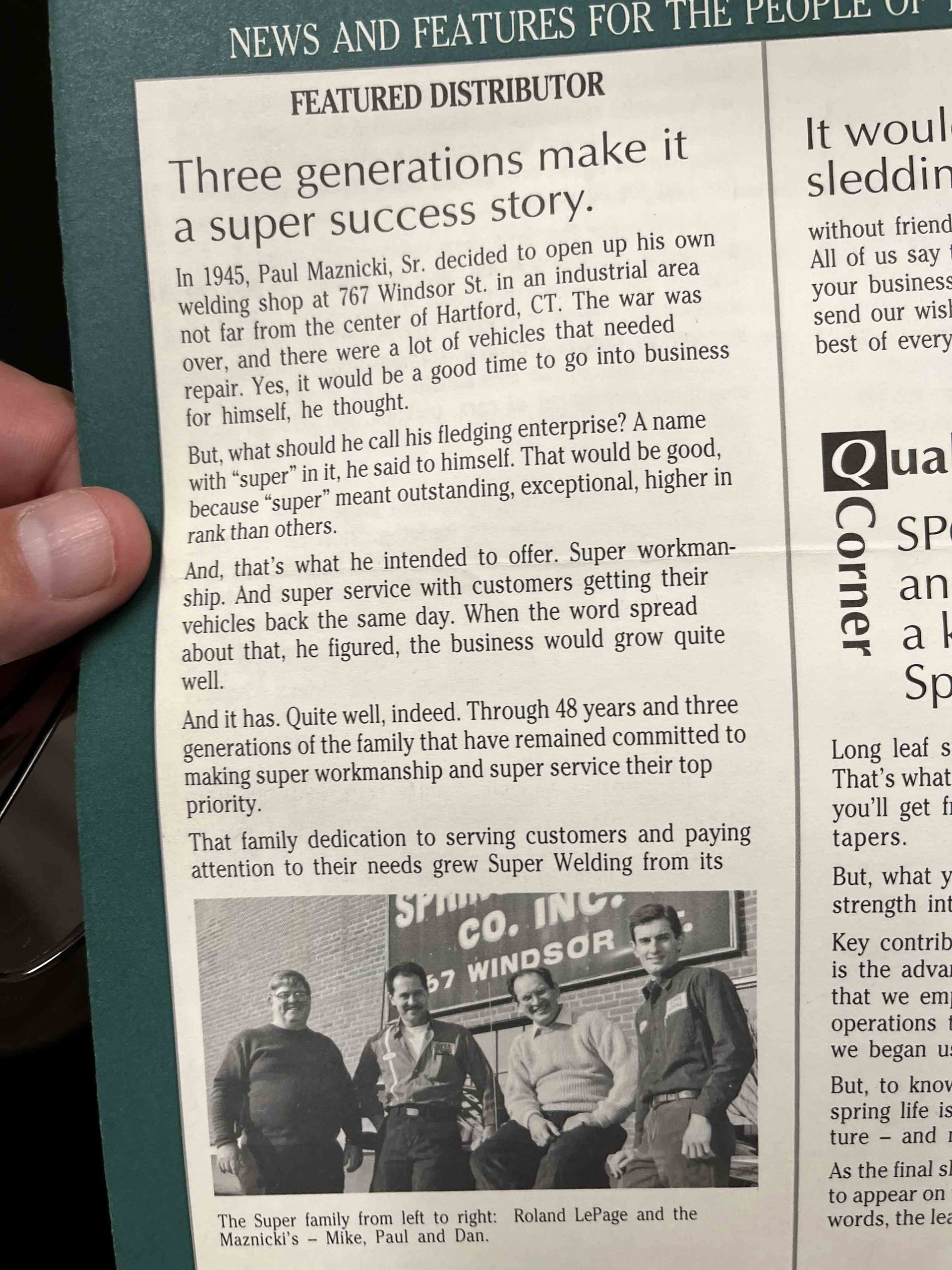 A Newspaper Article About Three Generations Making A Super Success Story — Hartford, CT — Super Spring & Brake Co., Inc.
