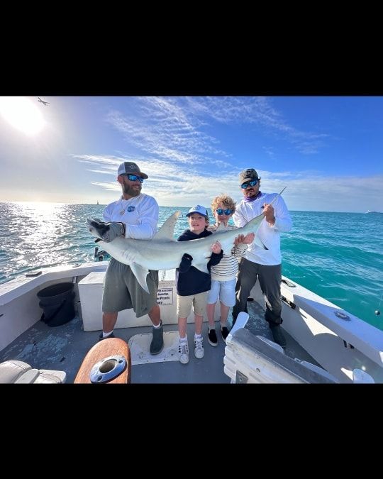 Four people standing on a boat holding a large caught shark on a sunny day at sea.