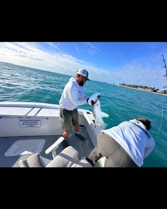 Two people on a boat in sunny, blue coastal waters holding a large silver fish over the water.