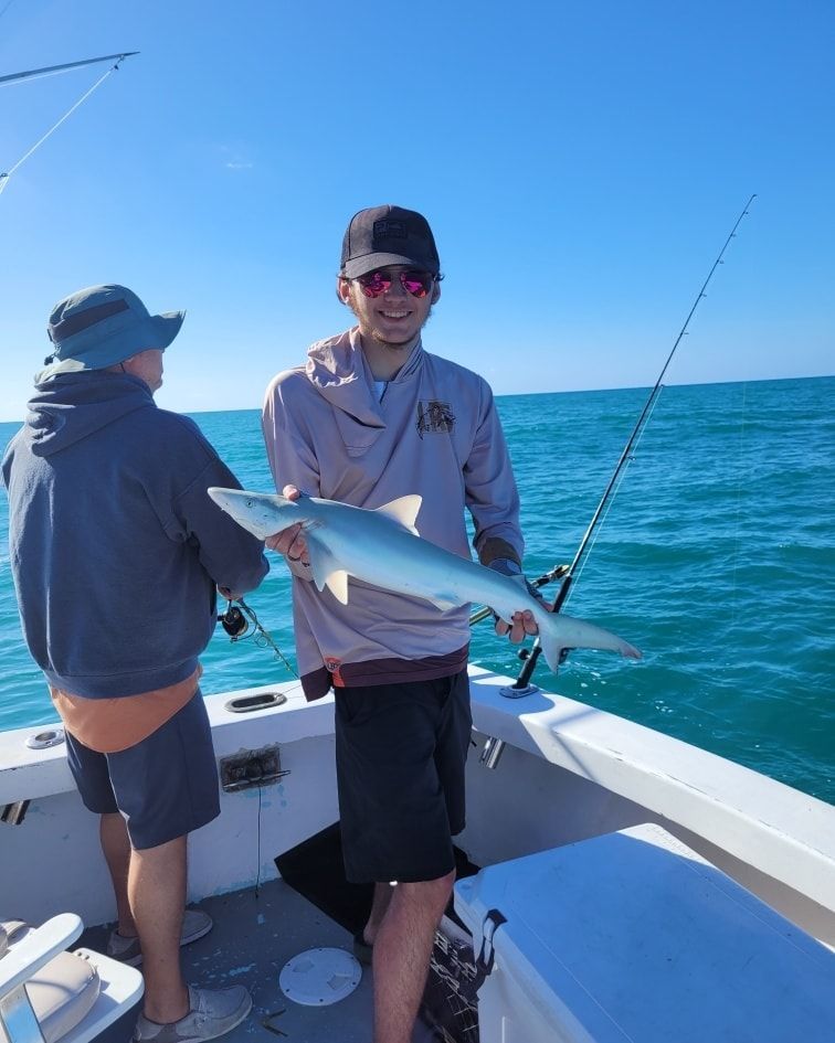 A person stands on a boat on a sunny day holding a caught shark, with another person fishing in the background.