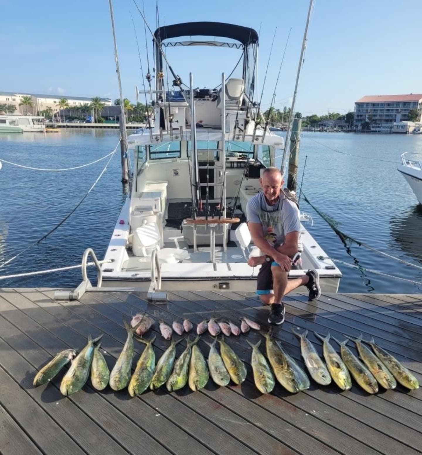 A person kneels on a dock in front of a fishing boat and a large catch of colorful mahi-mahi and smaller reef fish.