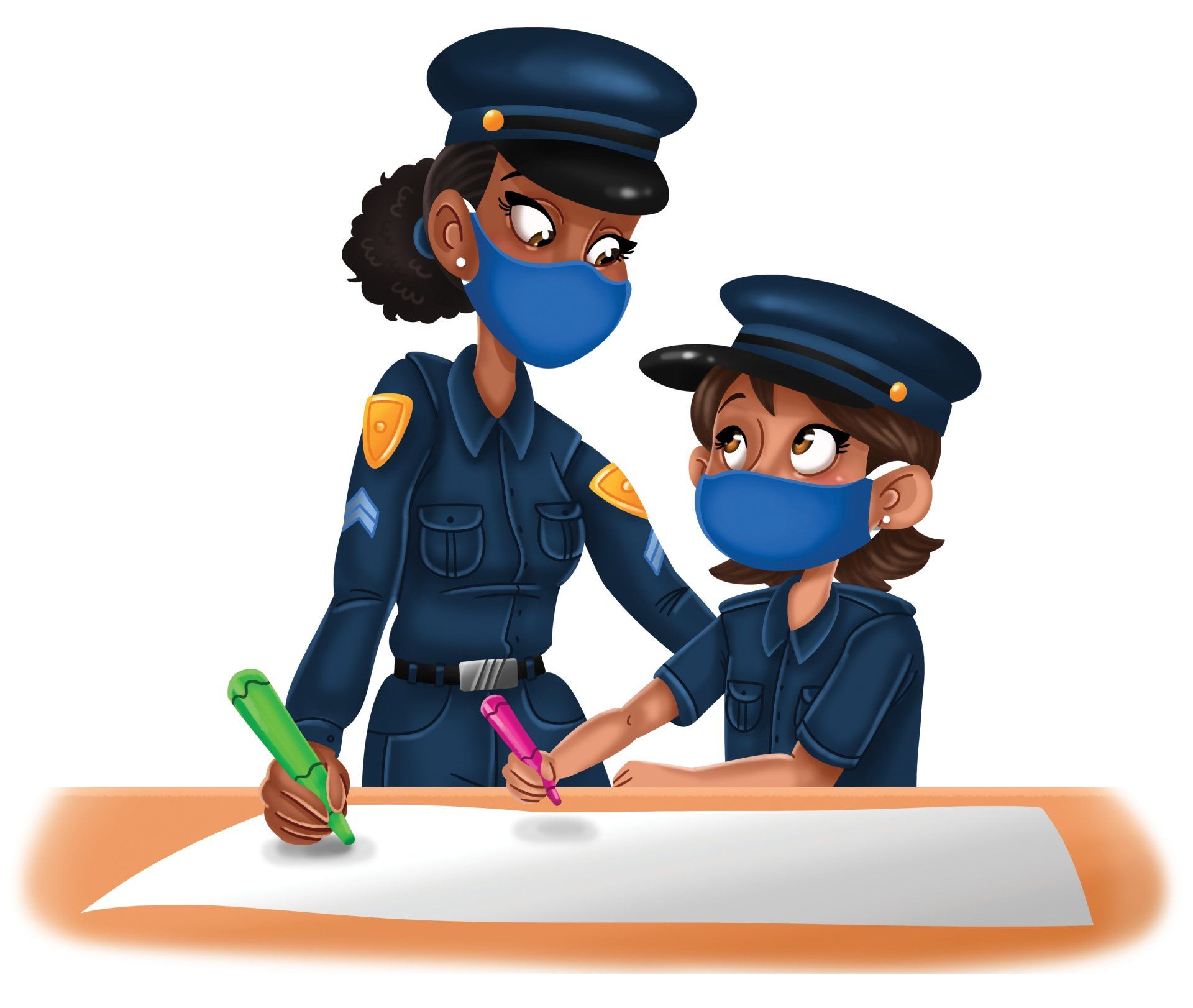 A police officer and a child wearing masks are sitting at a table.