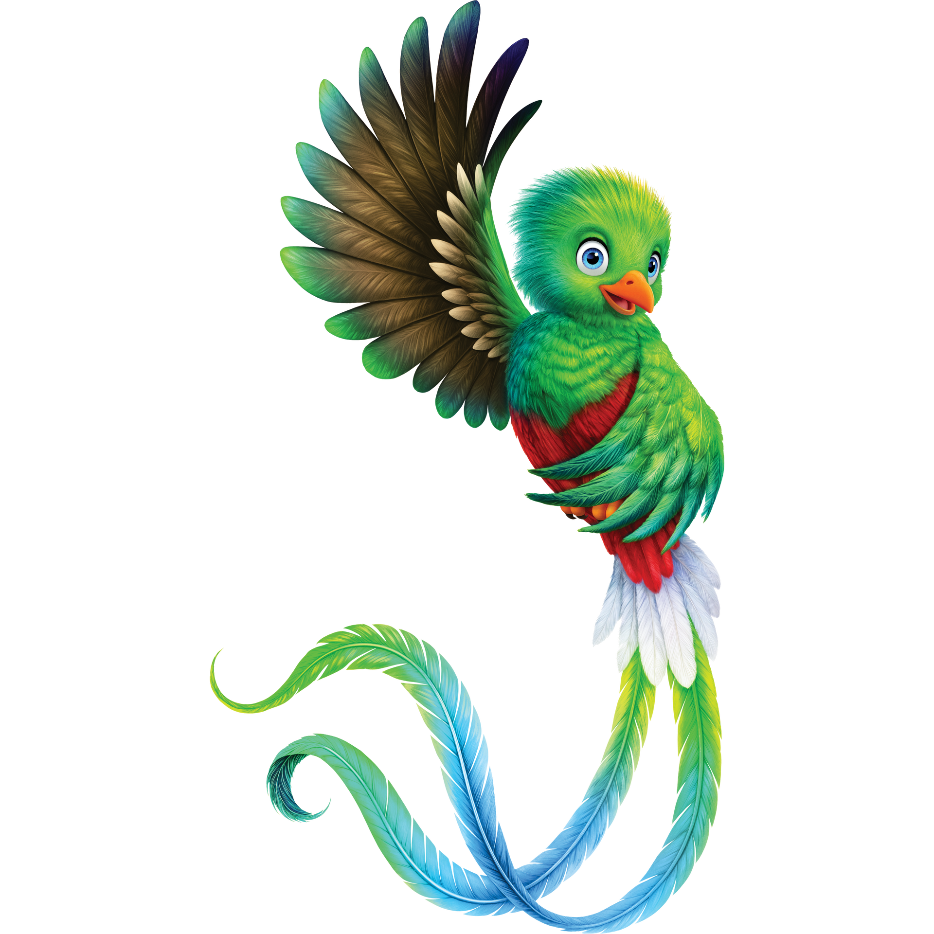 Cartoon picture of a Quetzal, a brigthly colored bird with two long blue and green tailfeathers. 
