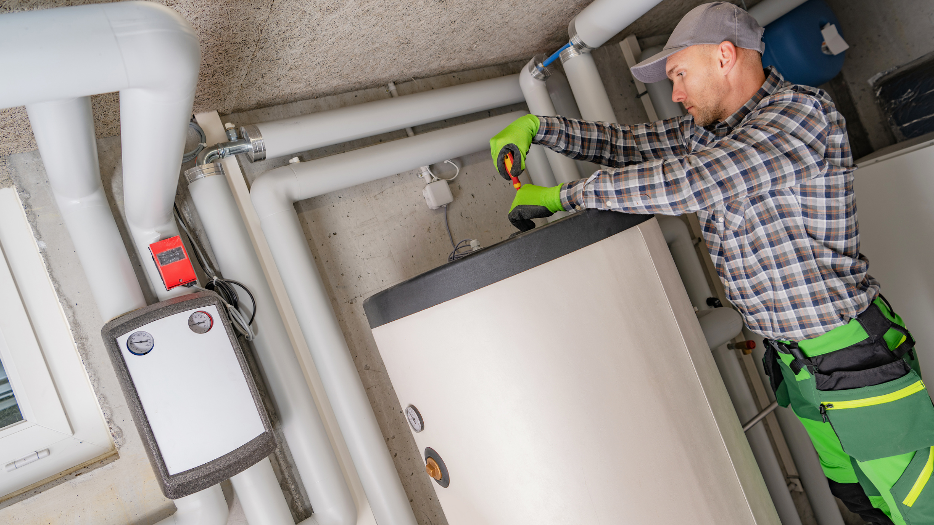 A man is working on a water heater in a basement.