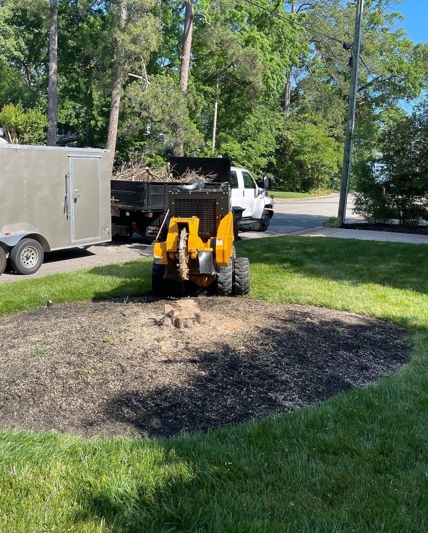 Yellow skid steer on gravel in a grassy yard, with trucks and trailer in the background.
