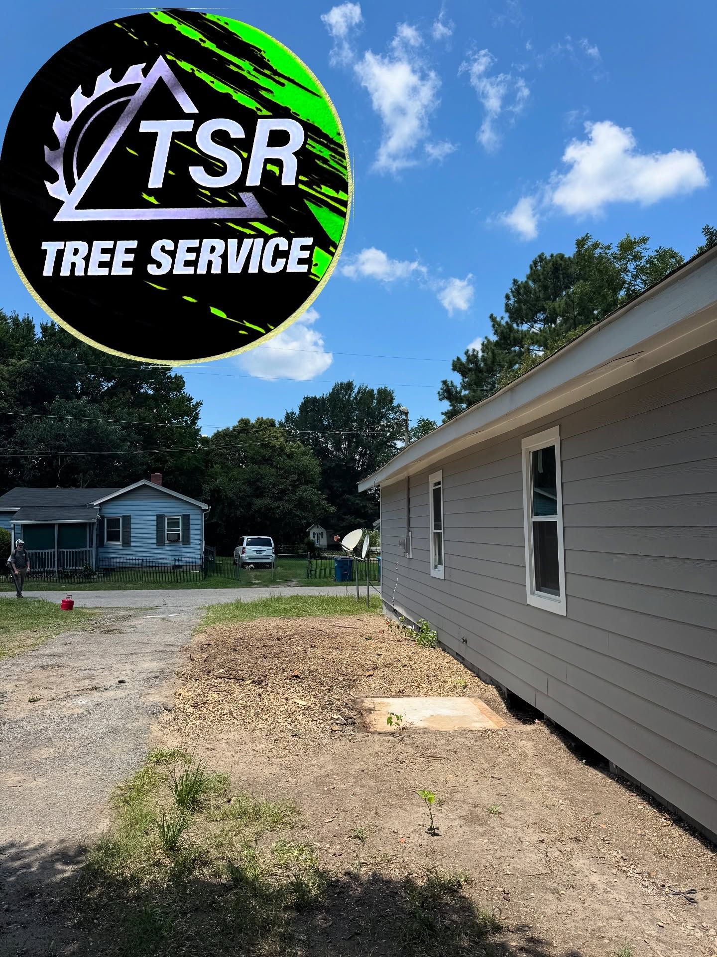 TSR Tree Service logo over a gravel yard beside a gray house under a blue sky