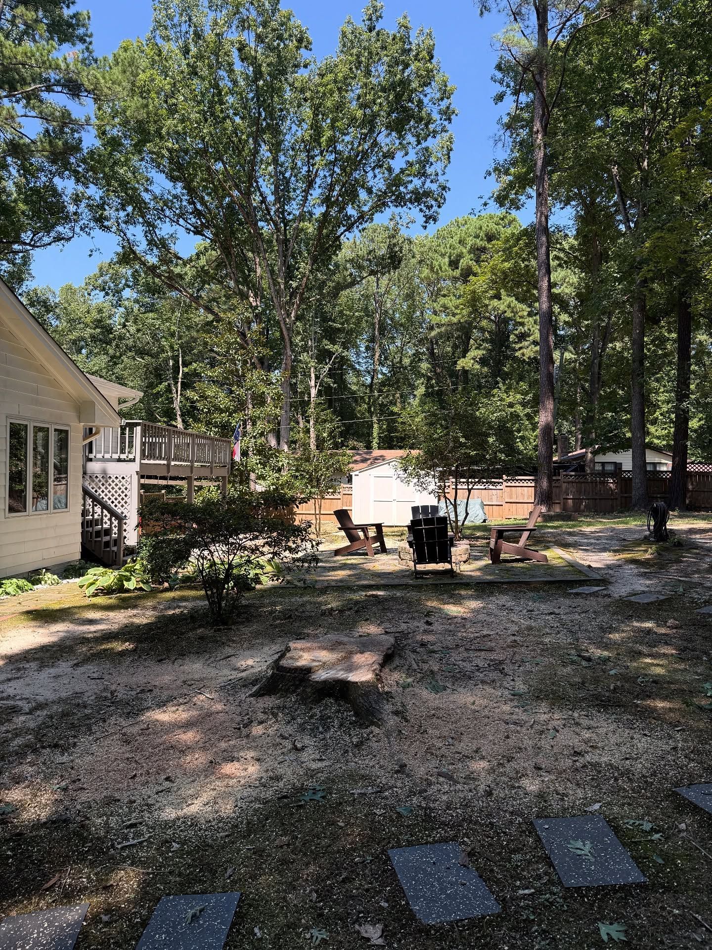 Backyard with trees, gravel path, white shed, grill, and part of a house on the left.