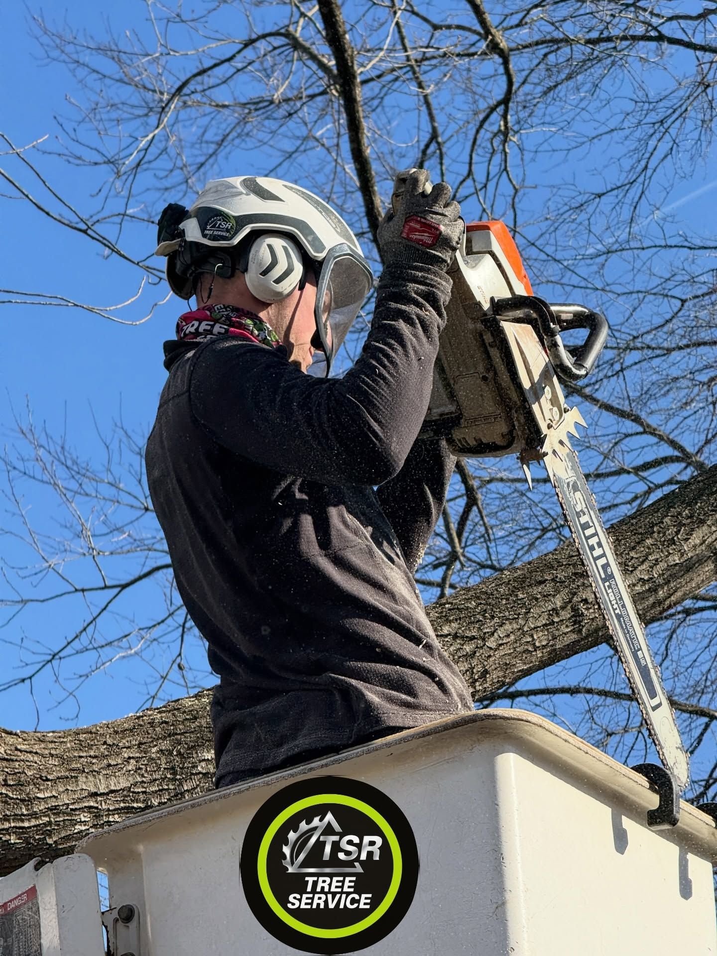 Worker in safety gear trims a tree branch with a chainsaw from a bucket lift.